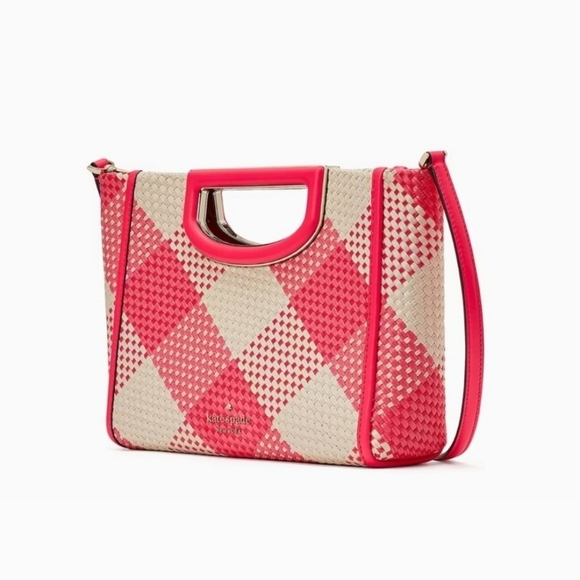 💕🔹️ Kate Spade 🔹️Alexia Gingham Woven Straw Clutch Crossbody, Wild Rose Pink - Picture 2 of 5